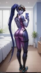 1girls 2d 2d_(artwork) ai_generated ass bodysuit deezoy looking_at_viewer looking_back mirror_selfie overwatch overwatch_2 selfie solo widowmaker