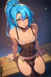 1boy abs ai_generated blue_hair bulge darabri femboy from_above girly long_hair looking_at_viewer nail_polish ponytail rimuru_tempest smile smiling smiling_at_viewer tagme that_time_i_got_reincarnated_as_a_slime thighhighs yellow_eyes