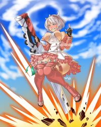 background big_breasts blush elphelt_valentine explosion exposed_breasts frilled_skirt guilty_gear guilty_gear_strive huge_breasts naijmizuho pink_nipples sky_background thick_ass thick_thighs white_hair
