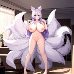 adorable ai_generated big_boobs big_breasts boobs breasts fan_character female female_only fluffy_ears fluffy_tail fox fox_ears fox_girl fox_tail kitsune kitsunemimi large_breasts long_hair multicolored_hair multiple_tails nine_tailed_fox nipples nsfw nude nude_female original original_character pussy sexykitsune solo_female tails thick_thighs white_hair