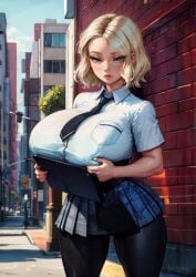 1girls ai_generated alternate_breast_size big_breasts blonde_hair blue_eyes blush breasts button_down_shirt female female_only freckles holding_breast holding_object huge_breasts marvel outdoors outside pantyhose pleated_skirt short_hair short_skirt solo solo_female spider-gwen spider-man:_into_the_spider-verse spider-man_(series) stable_diffusion tampopo tie