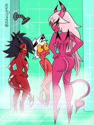 1boy 2girls ass assertive_female completely_nude covering_privates demon demon_boy demon_girl demon_girls demon_horns demon_tail demon_wings demons embarrassed female helluva_boss imp male millie_(helluva_boss) moxxie_(helluva_boss) saucyh0t shower succubus succubus_horns succubus_tail succubus_wings threesome verosika_mayday_(helluva_boss)