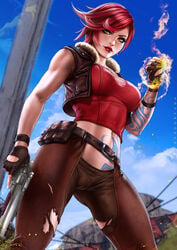 1girls borderlands borderlands_2 breasts cleavage clothing dandon_fuga female female_only firearm gun handgun human lilith_(borderlands) lipstick looking_at_viewer pale_skin pinup revolver siren_(borderlands) solo weapon