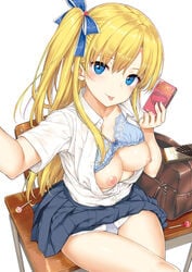 :p bag bangs blonde_hair blue_bra blue_eyes blue_panties blue_ribbon blue_skirt blush box bra breasts buttons candy chair collarbone collared_shirt comic_exe condom_box crossed_legs desk dress_shirt eyebrows_visible_through_hair female fingernails food hair_between_eyes hair_ribbon hands_up highres holding holding_box lace lace_bra legs lollipop long_hair looking_at_viewer medium_breasts nail_polish non-web_source on_desk one_side_up original panties pink_nails plaid plaid_skirt pleated_skirt pocky reaching_out ribbon school_bag school_desk school_uniform self_shot shiny shiny_skin shirt short_sleeves shoulder_bag simple_background sitting sitting_on_desk skirt smile solo takayaki taking_picture tongue tongue_out underwear white_background white_shirt wing_collar