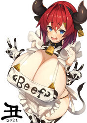 1girls 2021 alternate_version_available ange_katrina apron bell bell_collar blue_eyes breasts cleavage cow_print cowbell elbow_gloves female gloves horns huge_breasts nijisanji nuezou pasties red_hair short_hair solo tail thick_thighs thighhighs thong virtual_youtuber white_background wide_hips year_of_the_ox