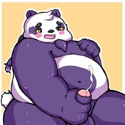 2019 alp_(tokyo_afterschool_summoners) anthro balls belly blush cum ejaculation fur giant_panda hi_res humanoid_hands humanoid_penis kusosensei male male_only mammal masturbation moobs navel overweight overweight_male penis purple_fur simple_background sitting solo tokyo_afterschool_summoners ursid video_games