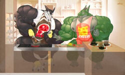 anthro apron balls big_balls big_penis clothing cooking danandnite duo flaccid hi_res humanoid_penis hyper hyper_muscles inside kitchen male male_only muscular muscular_male pecs penis sergal standing uncut