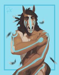 2018 5_fingers abs american_paint_horse animal_genitalia anthro biceps biped black_eyebrows blue_background bodypaint brown_eyes brown_fur brown_hair brown_sheath brown_tail equid equine eyebrows feathers front_view fully_sheathed fur hair half-length_portrait hi_res horse humanoid_hands kendall_fuller long_hair loose_feather male male_only mammal multicolored_fur muscular muscular_male native_american navel nude pecs portrait rov sheath simple_background solo standing tan_fur thick_eyebrows tribal two_tone_fur