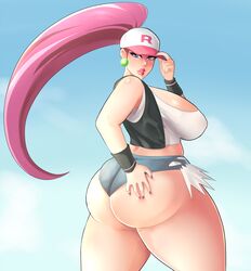 1girls alternate_breast_size ass back bare_shoulders big_ass big_breasts blue_background blue_eyes blush breasts cleavage clothed clouds cosplay day earrings eyelashes female female_only half-closed_eyes hand_on_ass hat hilda_(pokemon) hilda_(pokemon)_(cosplay) holding huge_ass huge_breasts human jacket jessie_(pokemon) lipstick long_hair looking_back mature_female midriff nail_polish nintendo outdoors pink_hair pink_lipstick pokemon pokemon_bw pokemon_rgby purple_nails shirt shorts sky solo source_request standing sweatband thick_thighs very_long_hair wide_hips xiceowl