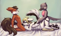 2019 3boys abs ass avian bed ember eyewear fellatio furry gay glasses group group_sex hi_res interspecies male male_only marbled_fox muscular muscular_male oral original_character penetration penis savanity sex side_view somali_cat spitroast straps text threesome watermark xyler yaoi