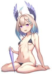 1girls ahoge bare_shoulders belly_button bikini bikini_top_cut blue_hair braid crytal enna_alouette exposed_shoulders gradient_hair hair_wings head_wings holding_crystal holding_object looking_at_viewer midriff navel nijisanji nijisanji_en nitrus14 purple_eyes short_hair small_breasts solo solo_female solo_focus virtual_youtuber white_hair