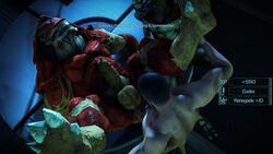 16:9 3d 3d_(artwork) 4k absurd_res alien anal anal_sex balls big_penis commander_shepard dialogue garrus_vakarian group group_sex hi_res human krogan lying male male_only mammal mass_effect missionary_position on_back penetration penis rooking scales sex size_difference small_dom_big_sub text threesome turian urdnot_wrex video_games yaoi