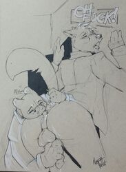 2boys anal anthro ass back bottomless canid canine clothed clothing duo erection feline furry gay handjob hi_res male male_only mammal monochrome neph open_mouth oral penis precum restricted_palette rimjob sketch testicles text thick_thighs tongue tongue_out traditional_media_(artwork) watermark wide_hips yaoi