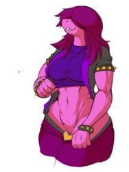 1girls 2019 abs anthro breasts clothed clothing danonymous deltarune female female_only hair hair_over_eyes hi_res muscular muscular_female pants presenting presenting_pussy purple_hair pussy scalie sharp_teeth shirt smile solo standing susie_(deltarune) teeth thick_thighs topwear undressing video_games wide_hips