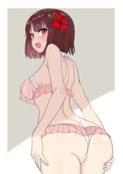 1girls ass atelier_(series) atelier_sophie back bangs bare_shoulders blush bra breasts brown_eyes brown_hair female frilled_bra frilled_panties hair_flower hair_ornament huge_ass looking_at_viewer looking_back open_mouth panties remomon short_hair sideboob smile solo sophie_neuenmuller underwear underwear_only