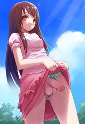 1futa balls blush breasts brown_eyes brown_hair clothed color cute dickgirl foreskin forest futa_only futanari intersex long_hair mofuringu outdoors outside panties panties_aside penis skirt skirt_lift sky small_breasts solo standing testicles uncensored uncut