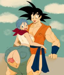 absurdres ass big_ass black_hair bloxwhater blue_eyes blue_hair bulma_briefs buttjob covered_buttjob dragon_ball dragon_ball_super gigantic_ass highres huge_ass huge_cock muscles penis precum ripped_jeans smile son_goku sssonic2 tight_jeans tight_pants torn_clothes uncensored