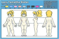 1girls ass barefoot blonde_hair blue_eyes breasts character_profile character_sheet chipposter clenched_hand color_swatch eyebrows_visible_through_hair eyes_visible_through_hair female female_only hairband highres lacy_slater lipstick model_sheet navel nipples nude nude_female original_character pussy smile text tied_hair turnaround vagina