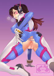 anus blizzard_entertainment blush bodysuit brown_hair d.va female kneeling long_hair overwatch pandami pussy pussy_juice smile solo torn_bodysuit uncensored watermark