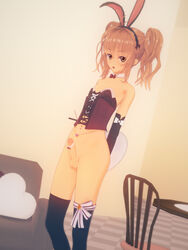 1boy 3d black_legwear bottomless brown_eyes brown_hair bunny_ears chains chair choker cock_ring corset crossdressing decensored erection girly maid male navel_piercing penis photoshop tagme trap twintails