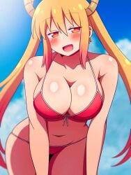 1girls bikini blush cleavage dragon_humanoid female horns long_hair looking_at_viewer mei_(blgvprumrygoiaw) miss_kobayashi's_dragon_maid oerba_yun_fang open_mouth pointy_chin smile smiling_at_viewer solo swimsuit tohru_(dragon_maid) twintails wide_hips