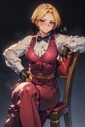 1girls ai_generated big_breasts blonde_hair blue_eyes blush blushing_at_viewer bowtie chair crossed_legs earrings female gloves king_(snk) king_of_fighters light-skinned_female light_skin long_sleeves looking_at_viewer pale-skinned_female pale_skin shirt short_hair sitting smile smiling_at_viewer voluptuous_female white_shirt wooden_chair