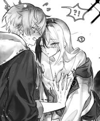 aoyagi_touya confused confusion crawling embarrassed genderswap_(mtf) jacket_off_shoulders mole_under_eye monochrome one_eye_closed one_eye_open project_sekai rule_63 shinonome_akito shocked