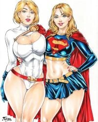 2girls artist_name artist_signature asymmetrical_docking big_breasts blonde_hair blue_eyes boob_window breast_comparison breast_squeeze cape cleavage_cutout cleavage_overflow dc dc_comics fred_benes hand_on_hip hourglass_figure kara_danvers kara_zor-el karen_starr legs leotard lipstick long_hair looking_at_viewer medium_hair navel overflow perfect_body perfect_legs power_girl red_lipstick red_nails revealing_clothes skirt slim_waist smile supergirl superheroine superman_(series) tight_clothing white_background