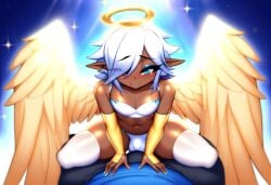 2boys ai_generated alriel angel angel_wings curvaceous curvy dark-skinned_femboy dark-skinned_male dark_skin femboy gay halo human hyper_hips imminent_sex mullon novelai original sissy thick_thighs trap white_hair wide_hips yaoi