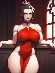 abs ai_generated avatar_the_last_airbender azula big_breasts black_hair collar dominant_female eogard_orc looking_at_viewer red_dress self_upload sexy_dress stable_diffusion thick_thighs tight_clothing