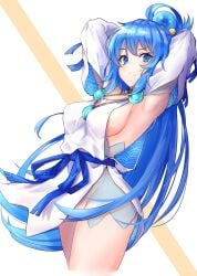 aqua_(konosuba) armpits arms_behind_head arms_up ass_visible_through_thighs bare_legs bare_thighs big_breasts blue_eyes blue_hair blush breasts closed_mouth cosplay detached_sleeves fate/grand_order goddess grin groin hair_ornament kono_subarashii_sekai_ni_shukufuku_wo! long_hair m.tokotsu necklace no_bra no_panties pelvic_curtain ponytail ribbon short_dress sideboob sideless_outfit thighs utsumi_erice