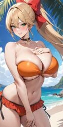 1girls ai_generated bangs bare_shoulders beach belly_button big_breasts bikini bikini_bottom bikini_top blonde_female blonde_hair blonde_hair blush blush blushing_at_viewer breasts choker collar collarbone commentary_request female female_focus female_only frilled_bikini frills green_eyes hair_between_eyes hair_ornament hair_ribbon hand_on_breast heavy_breasts huge_breasts lia_the_busty_redhead long_hair long_lashes long_ponytail looking_at_viewer midriff navel ocean orange_bikini original original_character outdoors outside palm_tree ponytail pose posing posing_for_the_viewer sand sea seaside self_upload skimpy skimpy_bikini skimpy_clothes sky smile smiling smiling_at_viewer solo solo_female solo_focus strapless strapless_bikini strapless_topwear tagme thick_thighs thighs tied_bikini tubetop water wide_hips