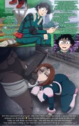 1girls 2boys ball_sucking big_ass big_balls big_breasts big_penis brown_hair contingency cuckold cum dark-skinned_male dark_skin english_text green_hair hero_outfit_(mha) high_resolution highres huge_cock interracial izuku_midoriya my_hero_academia netorare ntr ochako_uraraka sucking_testicles text_focus