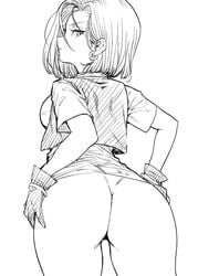 1girls android_18 ass bottomless dragon_ball earrings female from_behind gloves huge_ass jewelry looking_back monochrome pon short_hair solo