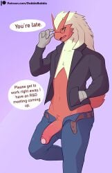 anthro biped blaziken blue_eyes bottomwear clothed clothing dabelette dialogue erection eyewear foreskin fur generation_3_pokemon genitals glasses hi_res humanoid_genitalia humanoid_penis male nintendo open_bottomwear open_clothing open_mouth open_pants pants penis pokemon pokemon_(species) purple_background red_body red_fur red_tail short_tail simple_background solo speech_bubble tail white_body white_fur yellow_sclera