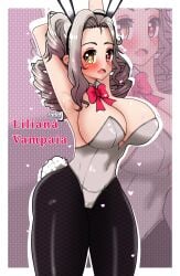 arms_behind_head arms_up belly_button big_breasts blush bunny_ears bunnysuit cotton_tail ero_art_oa grey_hair heterochromia liliana_vampaia myholotv navel red_eyes red_ribbon skin_fang tagme thick_thighs twin_drills vampire_girl virtual_youtuber yellow_eyes