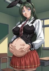 ai_generated bible_black blue_eyes bunny_ears green_hair hands_on_belly huge_breasts ito_mika linewalker looking_at_viewer pregnant pregnant_belly ribbons school_uniform smiling_at_viewer solo_female thick_thighs