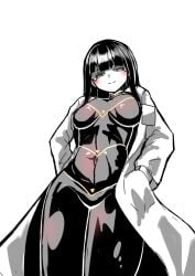 1girls big_breasts black_hair cesara_(limbus_company) clothed_female coat female female_focus female_only labcoat limbus_company long_hair looking_at_viewer looking_down looking_down_at_viewer project_moon skinsuit