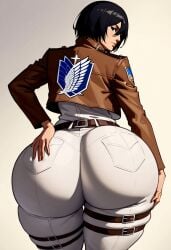 1girls ai_generated attack_on_titan big_ass big_butt clothing fiveai_(artist) fully_clothed hand_on_butt hyper_ass looking_at_viewer looking_back mikasa_ackerman thick_ass thick_thighs