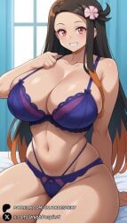 1girls ai_generated alternate_breast_size bare_shoulders black_hair blue_bra blue_panties blush bra breasts brown_hair cleavage collarbone curtains demon_slayer forehead gradient_hair grin hair_ornament hair_ribbon highleg huge_breasts indoors kimetsu_no_yaiba large_breasts lingerie long_hair looking_at_viewer multicolored_hair navel nezuko_kamado orange_hair panties patreon_username pink_eyes ribbon sitting skindentation smile solo thick_thighs thighs underwear underwear_only unjobdespiert watermark web_address window