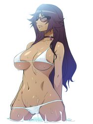 1girls bare_shoulders bikini bleach breasts choker dark-skinned_female dark_skin female female_only groin hairu large_breasts licking_lips long_hair navel pubic_hair purple_hair shihouin_yoruichi simple_background solo sunglasses swimsuit swimsuit_pull tinted_eyewear tongue tongue_out wading water wet white_background