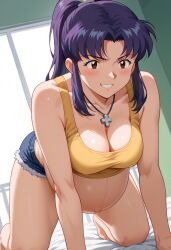 ai_generated big_belly big_breasts cleavage jean_shorts misato_katsuragi neon_genesis_evangelion pregnancy pregnant pregnant_belly purple_hair ready_to_pop yellow_tank_top