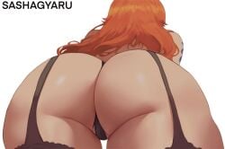 1girls ass back_view big_ass black_g-string black_garter_straps black_stockings black_thong female female_only from_below g-string garter_straps light-skinned_female light_skin lingerie lingerie_only nami_(one_piece) one_piece orange_hair sashagyaru simple_background solo solo_female stockings thick_ass thong white_background