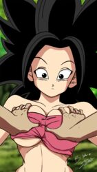 1girls ambiguous_gender black_eyes black_hair breast_grab breasts caulifla dragon_ball dragon_ball_super female large_breasts light-skinned_female light_skin long_hair looking_at_viewer pov saiyan shounen_jump spiky_hair surprised