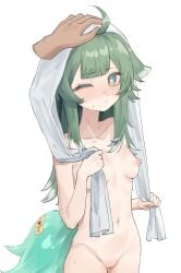 1other absurdres ahoge animal_ears blush breasts closed_mouth completely_nude cowboy_shot cunny disembodied_hand female fox_ears fox_girl fox_tail green_eyes green_hair headpat highres honkai:_star_rail honkai_(series) huohuo_(honkai:_star_rail) long_hair looking_at_viewer navel nipples nude one_eye_closed pussy simple_background small_breasts solo_focus tail towel towel_on_head uncensored user_awny2723 wet white_background