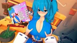 2girls 3d 3d_(artwork) 3d_animation animated belly big_breasts blue_eyes blue_hair blush breast_grab breasts breasts_bigger_than_head breasts_focus clothed clothed_female female female_only hands_on_breasts hat heart huge_breasts kappa light-skinned_female miko nitori_kawashiro no_sound sanae_kochiya shorter_than_30_seconds tagme touhou touhou_weird_storage twintails video yokai youkai