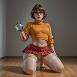 1girls ai_generated brown_hair cameltoe clothed female glasses panties realistic scooby-doo short_hair skindentation skirt thighhighs velma_dinkley