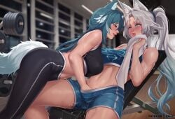 2girls animal_ear_fluff animal_ears animal_tail aqua_eyes artist_name blush breasts cleavage crop_top exlic feixiao_(honkai:_star_rail) female_orgasm fingering fingering_partner gym gym_clothes gym_shorts honkai:_star_rail honkai_(series) indoors long_hair medium_breasts midriff multicolored_hair navel open_mouth orgasm pussy_juice shorts sitting tail tongue tongue_out torogao trembling turquoise_hair very_long_hair vulva_handjob white_hair yoga_pants yukong_(honkai:_star_rail) yuri