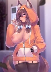 animal_ear_fluff animal_ears black_thighhighs blue_eyes blush bow breasts brown_hair dark_skin exhibitionism female hair_between_eyes hair_ornament hairbow highres hood hood_up hoodie kazukoto large_breasts long_hair matsuko_(kazu-koto) nipples one_breast_out open_mouth original public_indecency standing tail tan tanlines thighhighs watch wristwatch