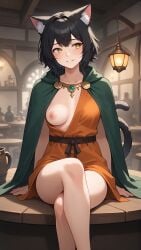 ai_generated bankonit bare_legs black_hair blush cat_ears cat_tail catgirl cloak crossed_legs freckles freckles_on_breasts freckles_on_face indoors jewelry looking_to_the_side nipples one_breast_out one_nipple_out short_hair sitting smile stable_diffusion table tavern tunic yellow_eyes